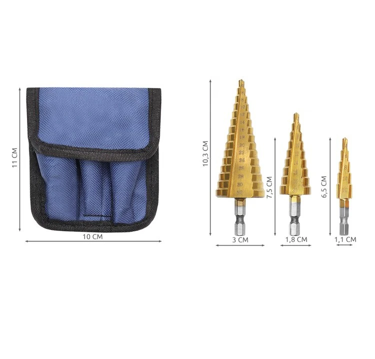 Bigstren 3 darabos lépcsős-fúró szett praktikus tárolóban, számozással, 4-32mm