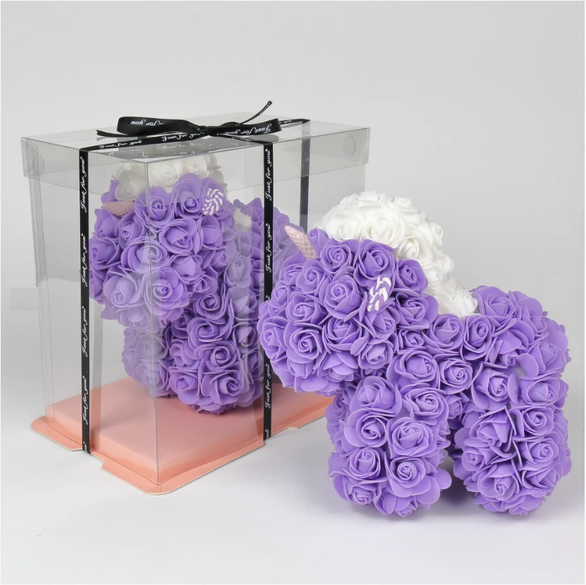 Lila színű rózsa unikornis - örökrózsákkal kirakott egyszarvú díszdobozban - 24 cm
