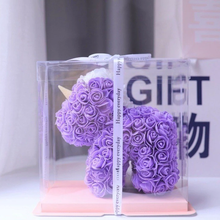 Lila színű rózsa unikornis - örökrózsákkal kirakott egyszarvú díszdobozban - 24 cm