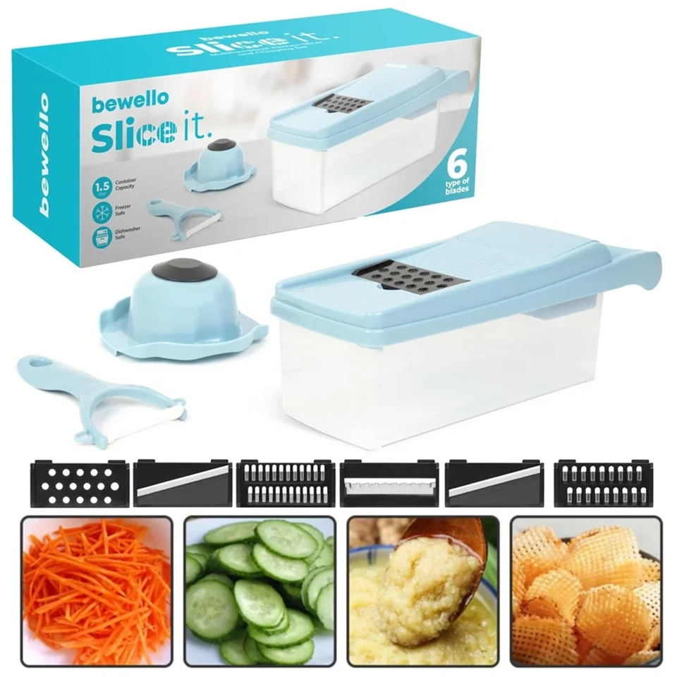 Slice it - mosogatógépben mosható, praktikus szeletelő készlet - 1,5 literes tárolódobozzal és 6 cserélhető pengével