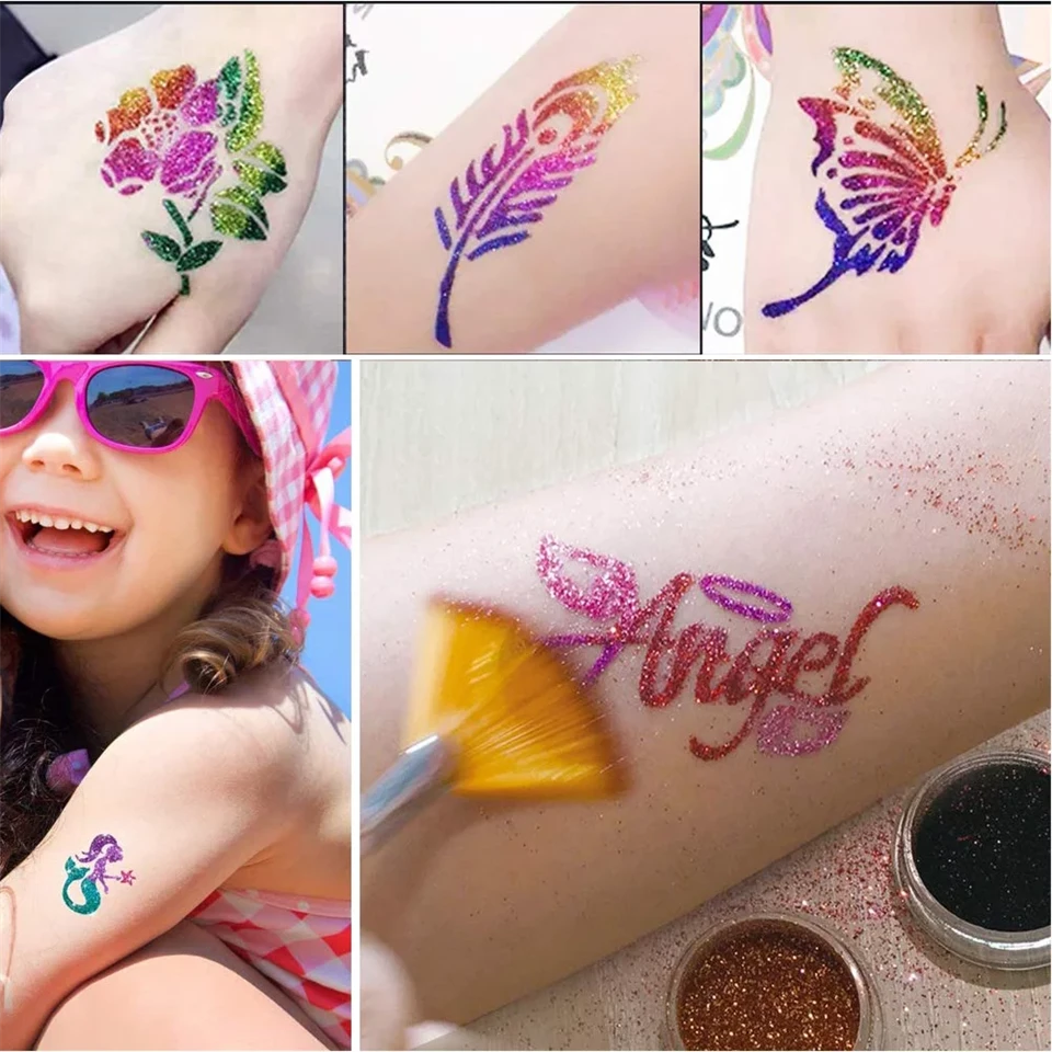 Glitter tattoos kit - 24 db színes csillámporral, rengeteg felragasztható sablonnal, ecsetekkel és ragasztókkal