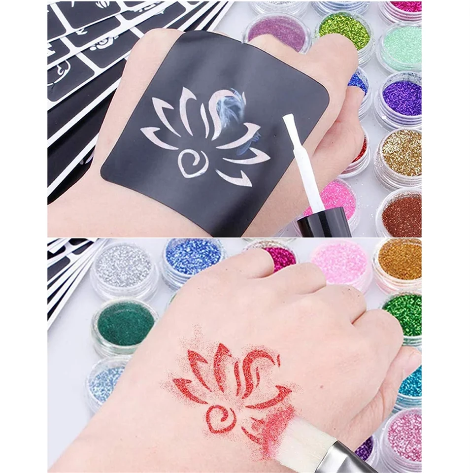 Glitter tattoos kit - 24 db színes csillámporral, rengeteg felragasztható sablonnal, ecsetekkel és ragasztókkal