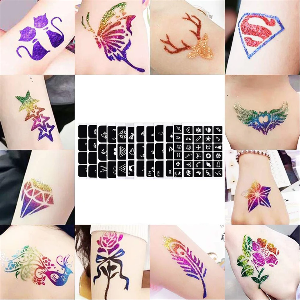 Glitter tattoos kit - 24 db színes csillámporral, rengeteg felragasztható sablonnal, ecsetekkel és ragasztókkal