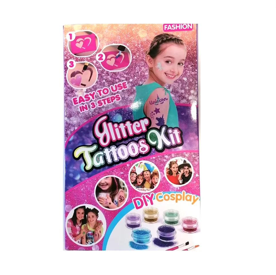 Glitter tattoos kit - 24 db színes csillámporral, rengeteg felragasztható sablonnal, ecsetekkel és ragasztókkal