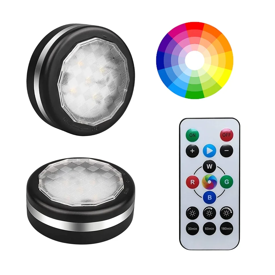 2 db-os mini RGB LED lámpa szett távirányítóval - kör alakú, színes hangulatvilágítás konyhába, hálószobába, nappaliba