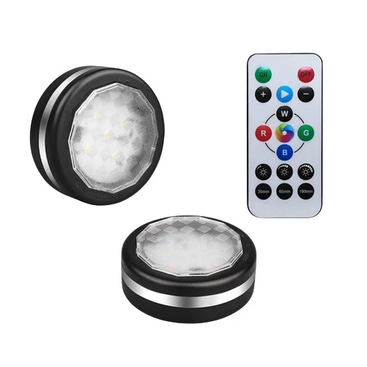 2 db-os mini RGB LED lámpa szett távirányítóval - kör alakú, színes hangulatvilágítás konyhába, hálószobába, nappaliba