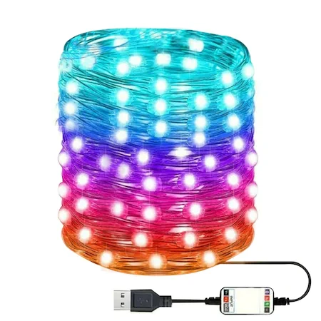 Zenére, tapsra változó színű, IP67 vízálló, RGB LED fényfüzér - távirányítóval és okostelefonnal is vezérelhető - 10 m