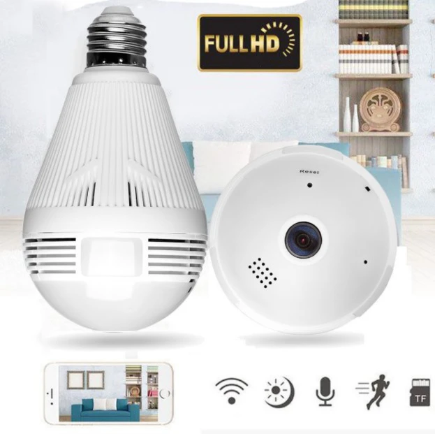 360°-os villanykörtébe rejtett, éjjellátó, mozgásérzékelő, Wifi-s panoráma kamera