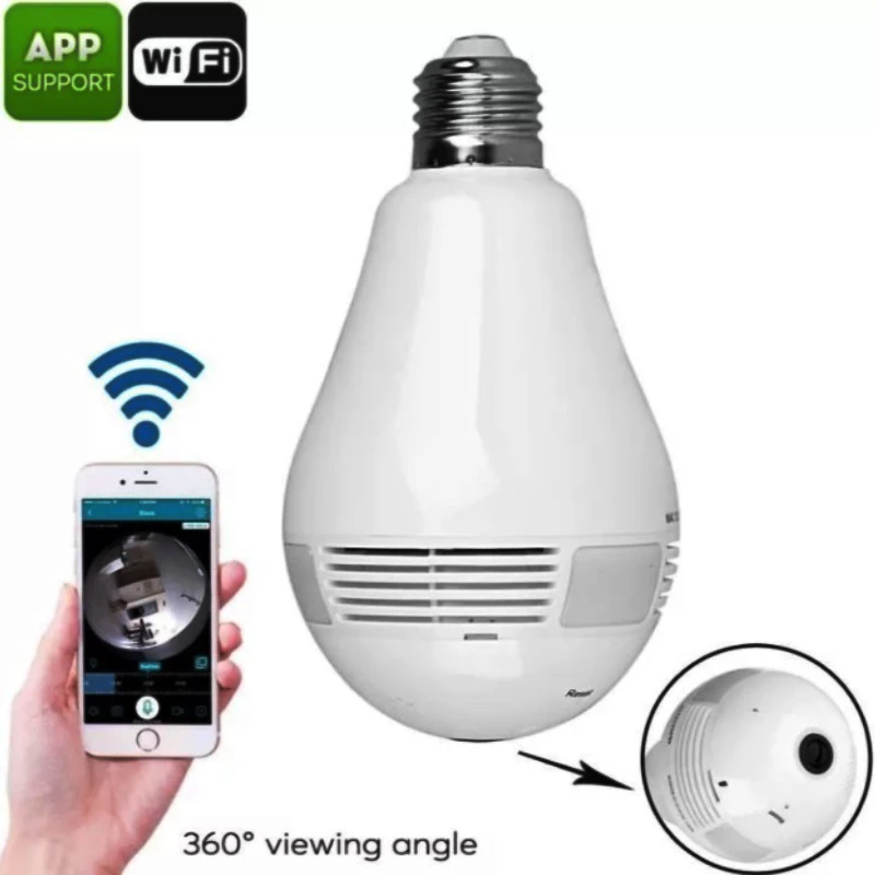 360°-os villanykörtébe rejtett, éjjellátó, mozgásérzékelő, Wifi-s panoráma kamera