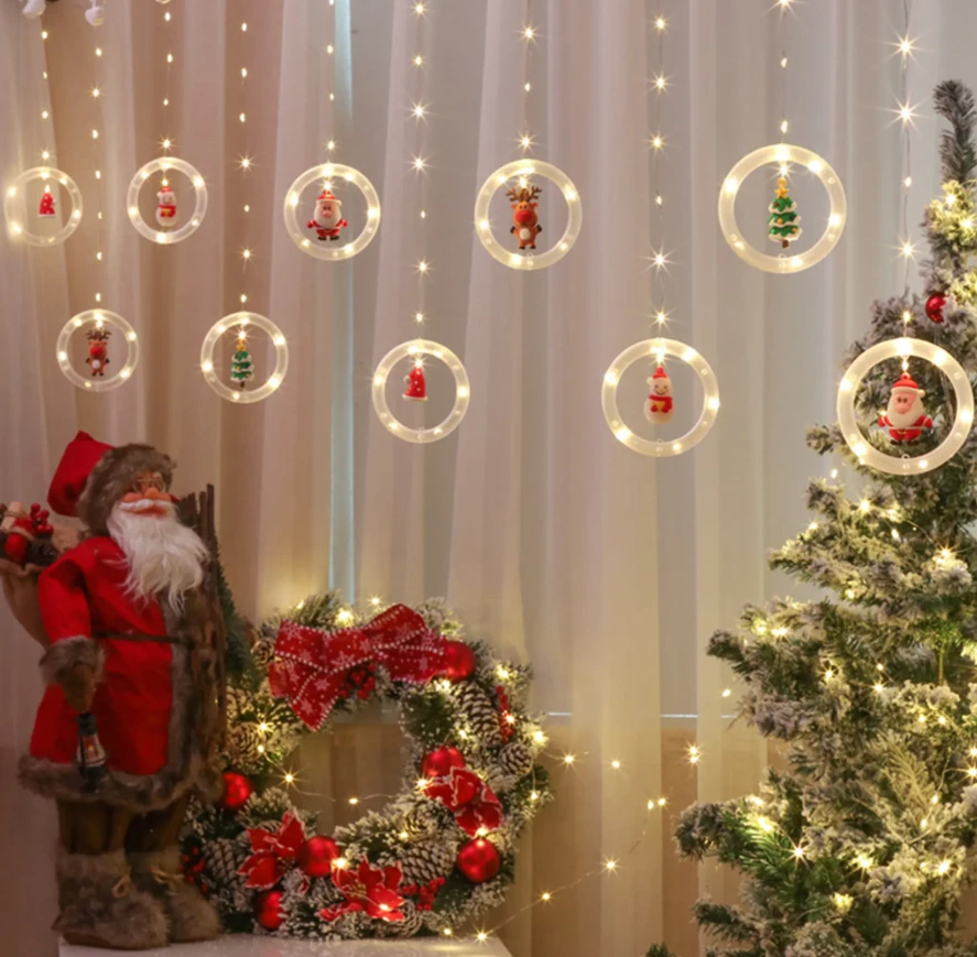 Karácsonyi fényfüzér 10 db gyűrűvel, 5 féle dísszel - lógó ablakdísz 110LED, 3M, melegfehér -