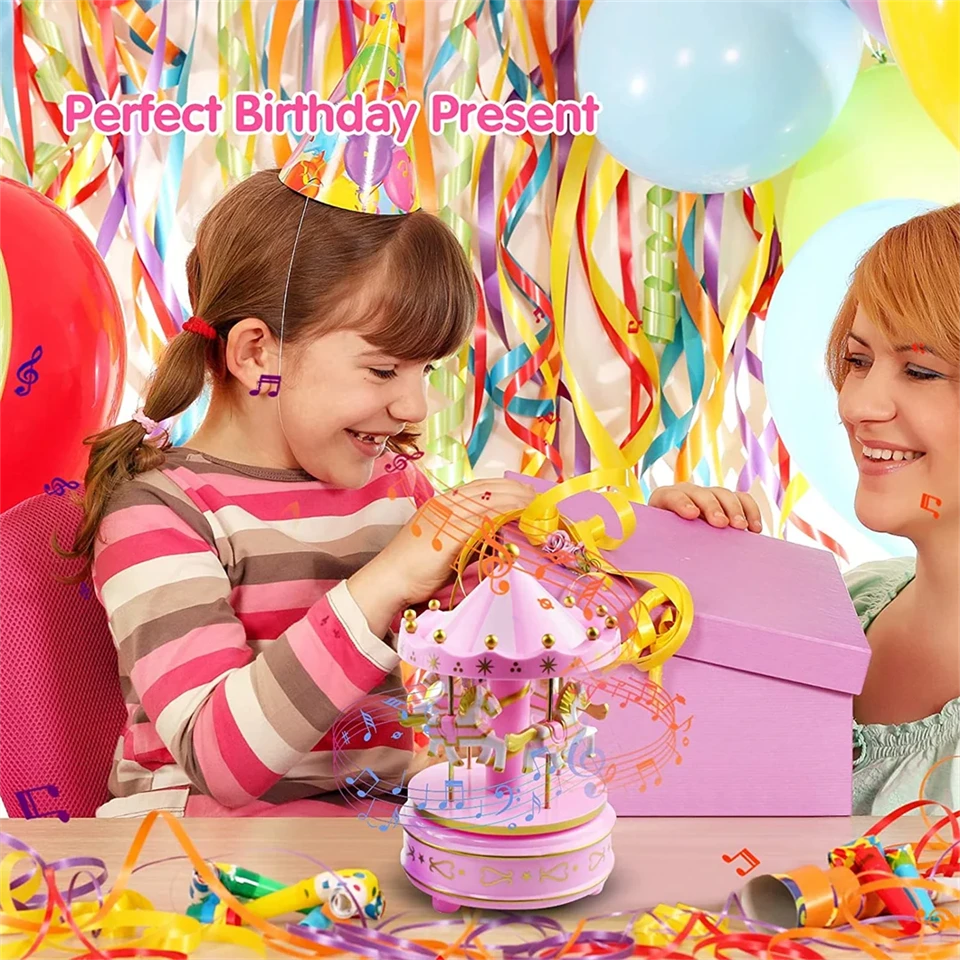 Felhúzható, zenélő- forgó körhinta lovacskákkal gyerekszobába - 11 x 18 cm - rózsaszín