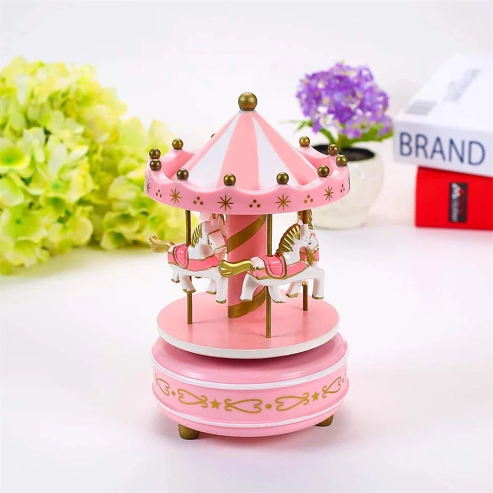 Felhúzható, zenélő- forgó körhinta lovacskákkal gyerekszobába - 11 x 18 cm - rózsaszín