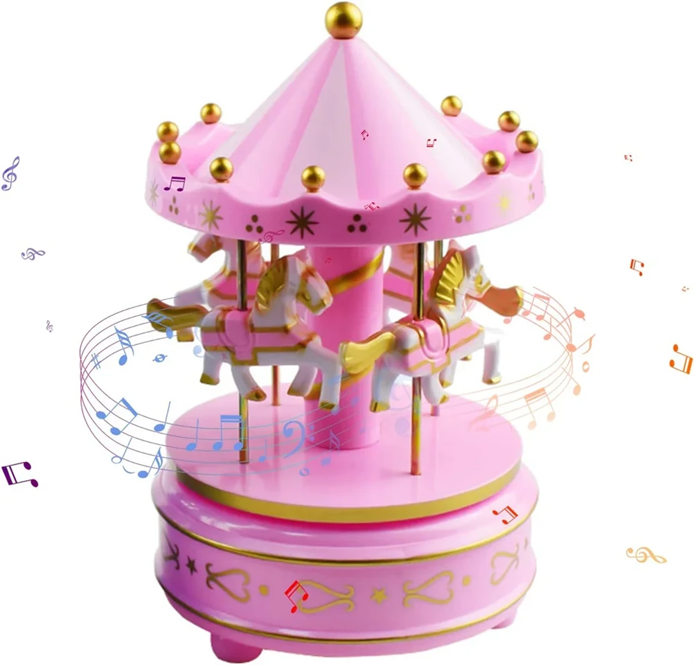 Felhúzható, zenélő- forgó körhinta lovacskákkal gyerekszobába - 11 x 18 cm - rózsaszín
