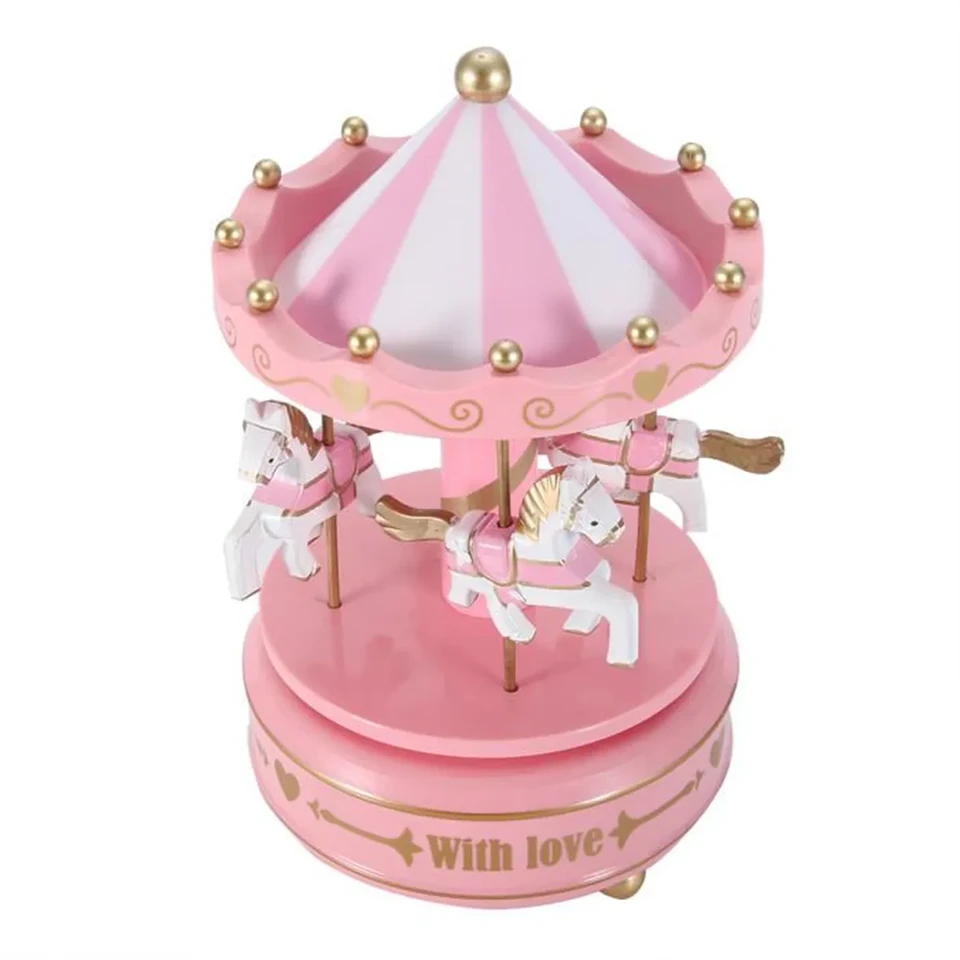 Felhúzható, zenélő- forgó körhinta lovacskákkal gyerekszobába - 11 x 18 cm - rózsaszín