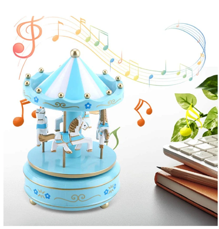 Felhúzható, zenélő- forgó körhinta lovacskákkal gyerekszobába - 11 x 18 cm - kék
