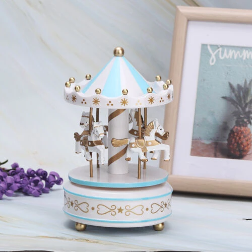 Felhúzható, zenélő- forgó körhinta lovacskákkal gyerekszobába - 11 x 18 cm - kék