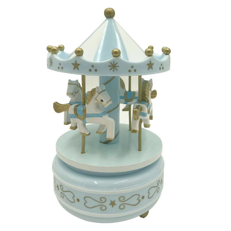 Felhúzható, zenélő- forgó körhinta lovacskákkal gyerekszobába - 11 x 18 cm - kék