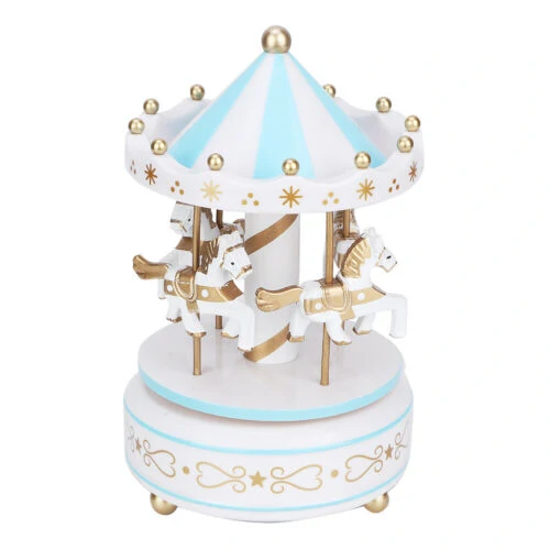 Felhúzható, zenélő- forgó körhinta lovacskákkal gyerekszobába - 11 x 18 cm - kék