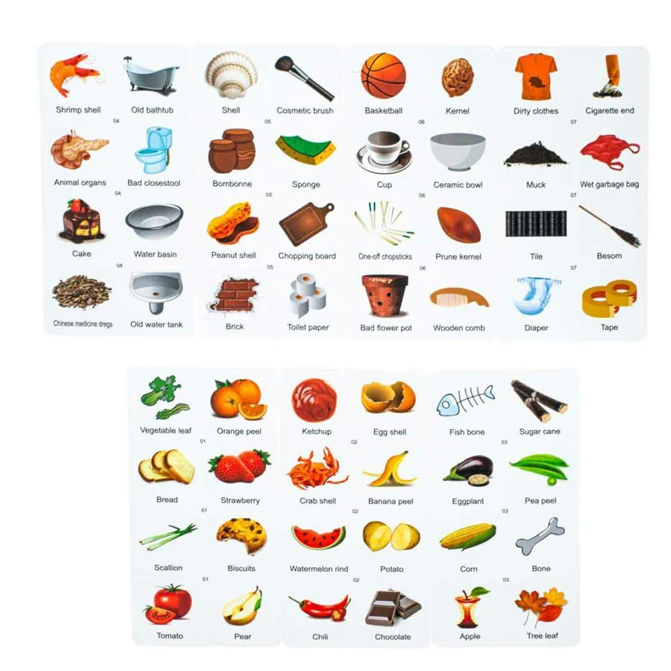 Hulladék szortírozó társasjáték 4 színes szemeteskukával - környezettudatosságra szoktató készségfejlesztő játék