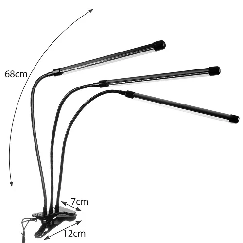 Flexibilis csíptethető-, és állítható 3 karos LED növénynevelő lámpa - 3 világítási móddal, 9 állítható fényerősséggel