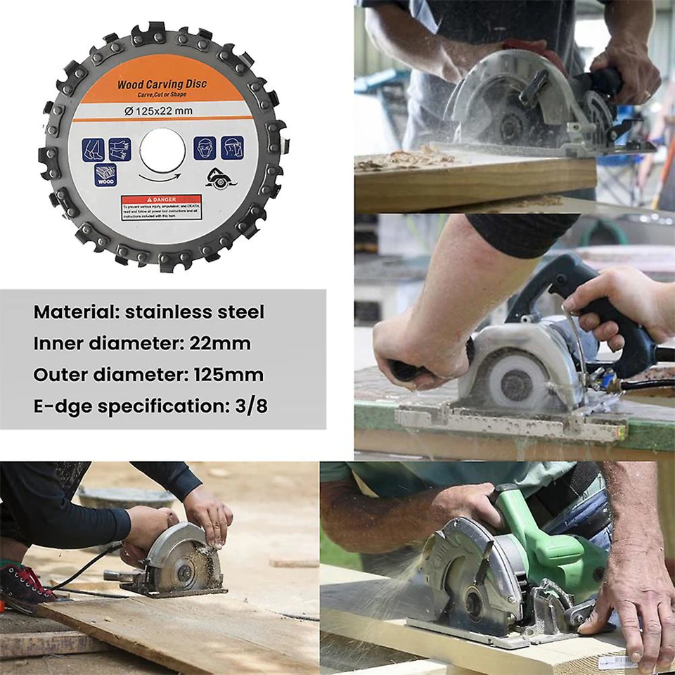 Láncfűrész vágókorong flexhez - vágótárcsa fa daraboláshoz és faragáshoz sarokcsiszolóra - 125 mm átmérő, 22 mm csatlakozó