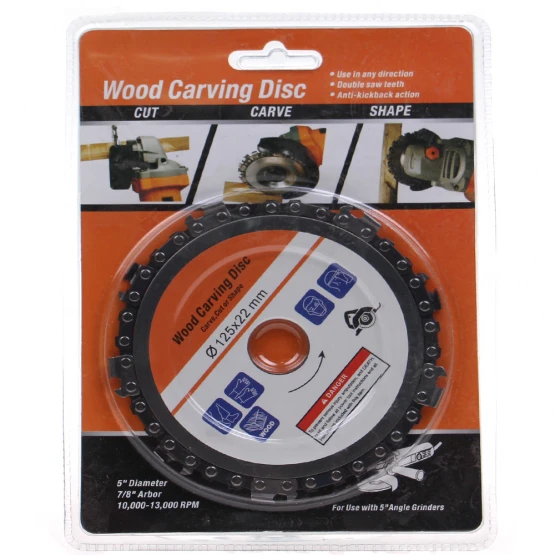 Láncfűrész vágókorong flexhez - vágótárcsa fa daraboláshoz és faragáshoz sarokcsiszolóra - 125 mm átmérő, 22 mm csatlakozó