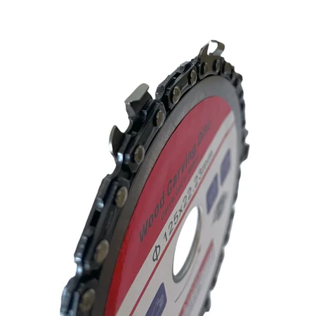 Láncfűrész vágókorong flexhez - vágótárcsa fa daraboláshoz és faragáshoz sarokcsiszolóra - 125 mm átmérő, 22 mm csatlakozó