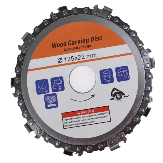 Láncfűrész vágókorong flexhez - vágótárcsa fa daraboláshoz és faragáshoz sarokcsiszolóra - 125 mm átmérő, 22 mm csatlakozó