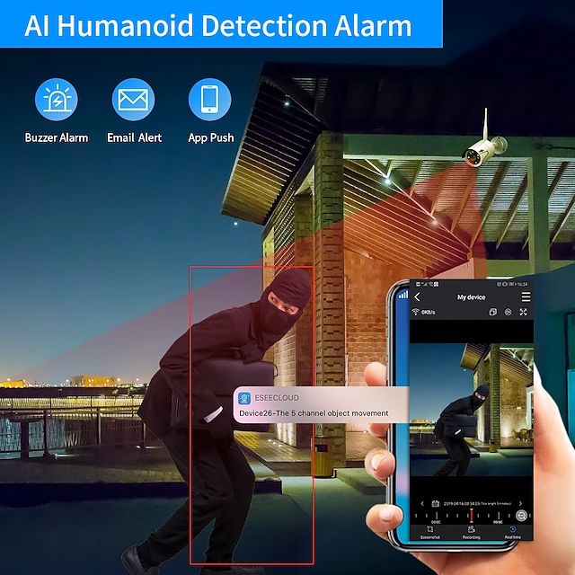 CH22-60 komplett Wifi-s biztonsági rendszer 4db 4k felbontású, kültéri kamerával, AI humán detektorral és e-mail értesítésekkel