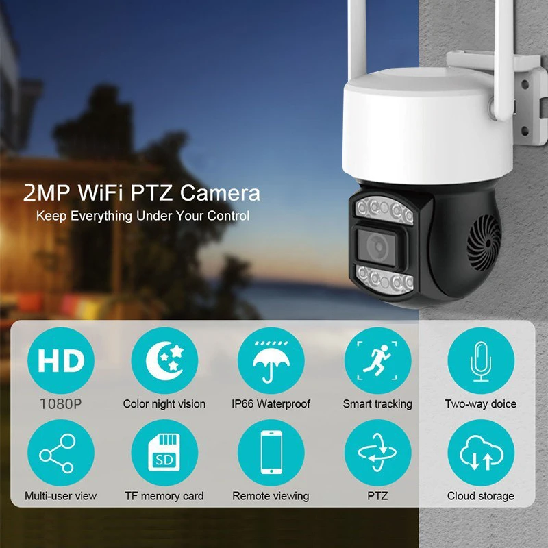 Telefonról vezérelhető PTZ02 WIFI-s biztonsági kamera - mozgásérzékelős, 360°-ban forgatható, időjárásálló - fekete