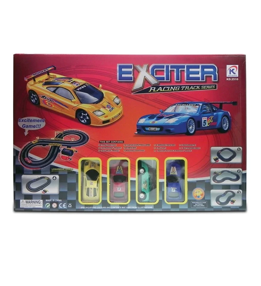 Exciter kreatívan építhető versenypálya szett 4 db különböző színű kilőhető kisautóval