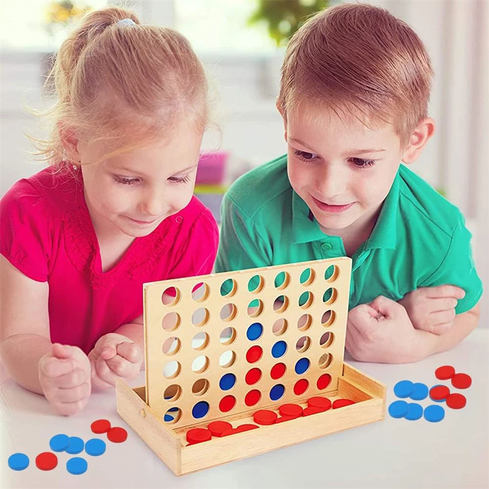 Fából készült táblás ötödölő társasjáték 42 koronggal - készségfejlesztő, logikai társasjáték