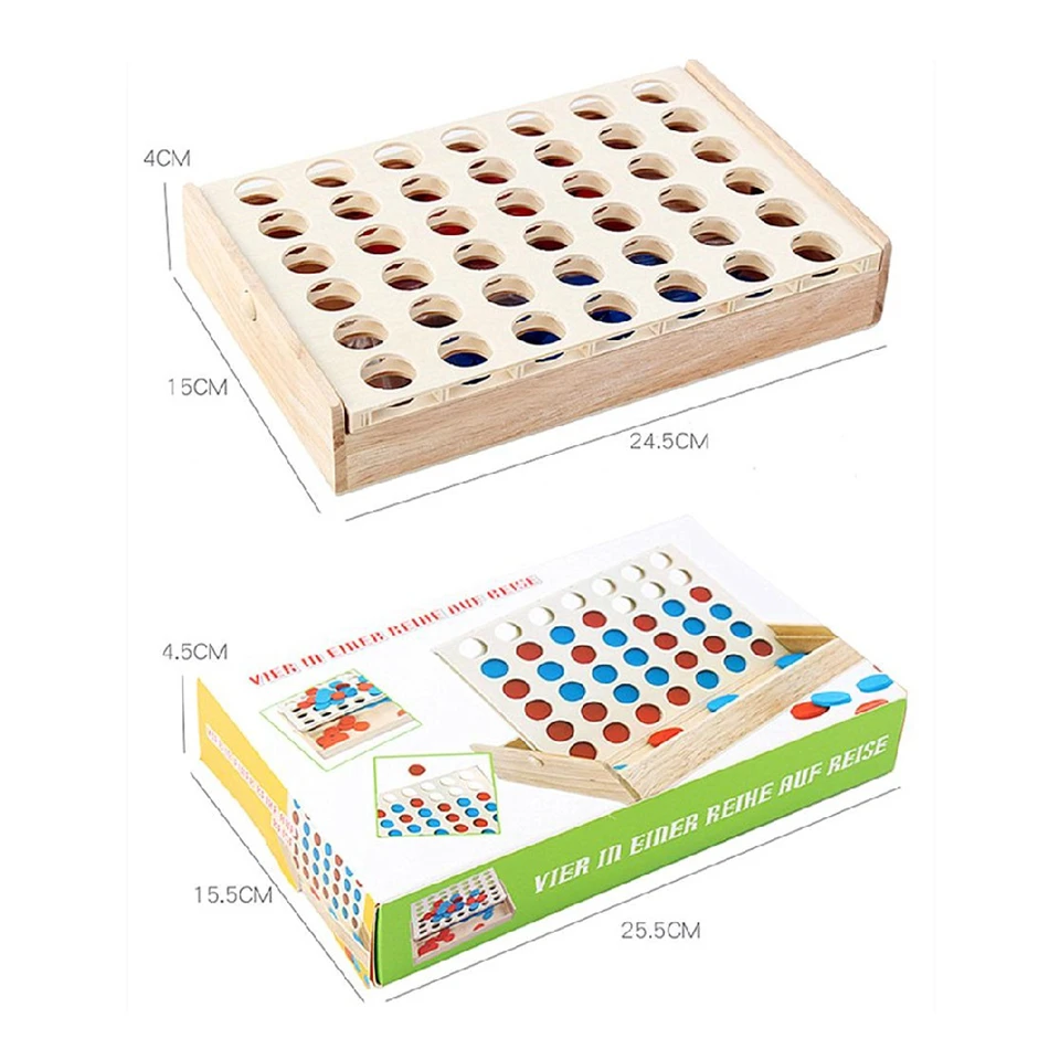 Fából készült táblás ötödölő társasjáték 42 koronggal - készségfejlesztő, logikai társasjáték