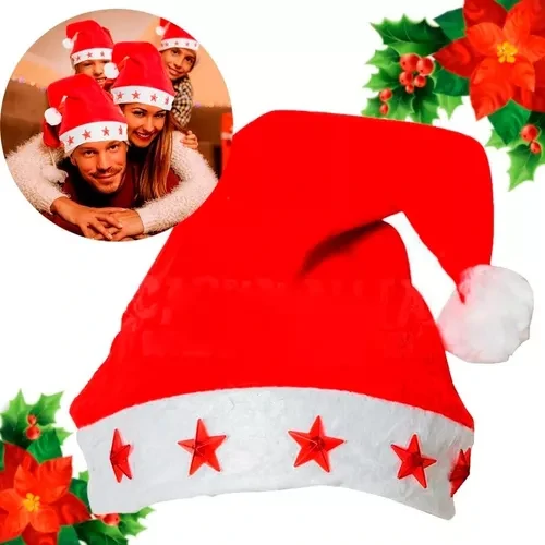 Univerzális méretű Mikulás sapka bojttal és világító csillagokkal légáteresztő filc anyagból - piros, fehér