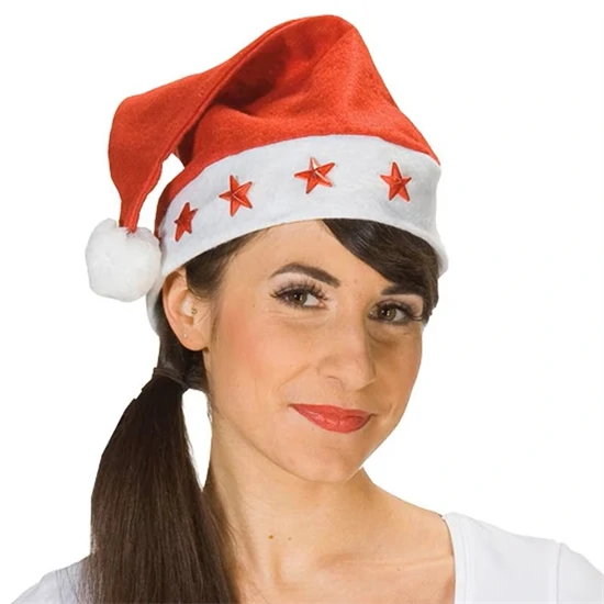 Univerzális méretű Mikulás sapka bojttal és világító csillagokkal légáteresztő filc anyagból - piros, fehér
